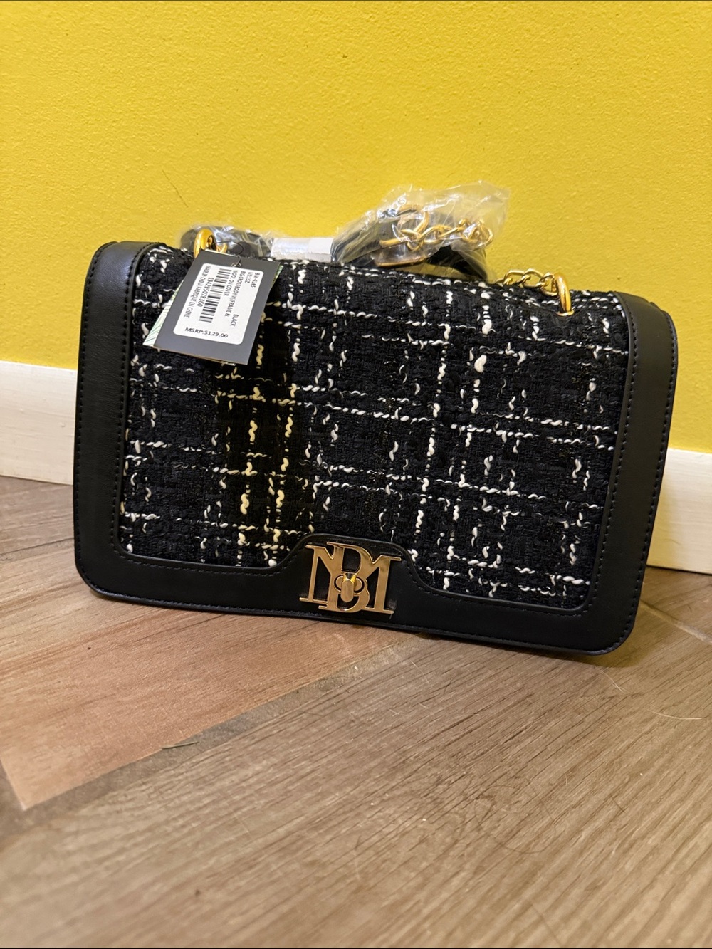 Badgley Mischka Black Tweed Shoulder Bag with Gold Hardware